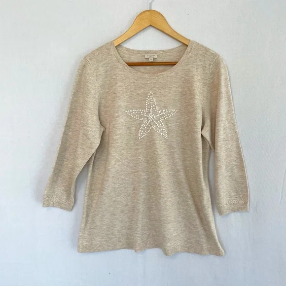 Talbots Lightweight Knit Novelty Sweater Starfish Tan Size Medium - Picture 1 of 6